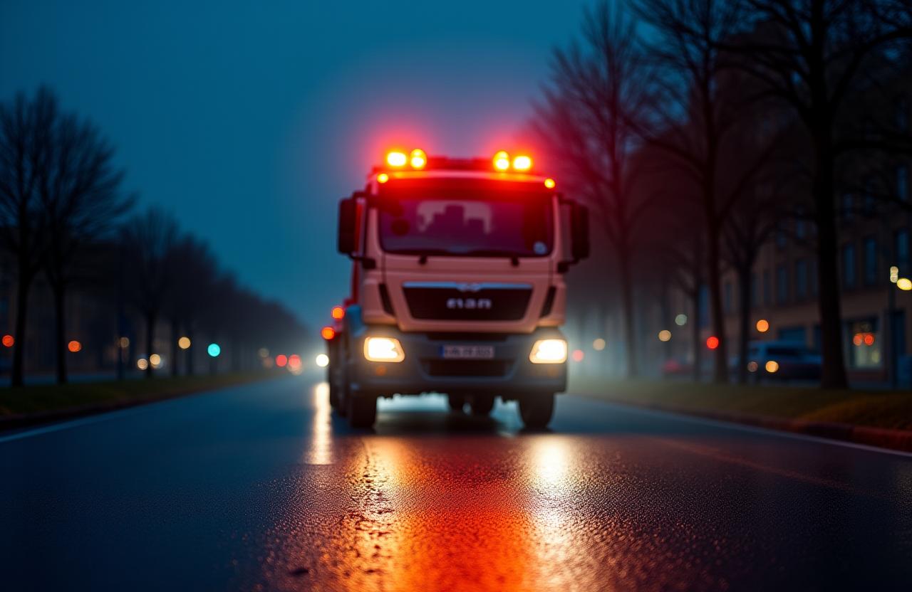 Dépanneuse intervenant de nuit à Lyon pour un remorquage d'urgence.