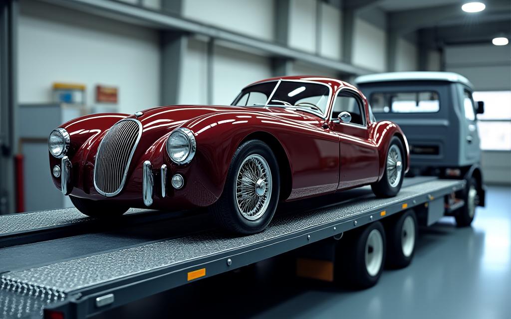 Remorquage d'une voiture de collection de prestige avec une dépanneuse à plateau.